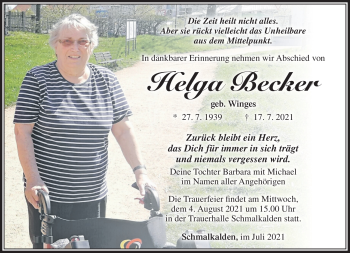 Traueranzeige von Helga Becker von Südthüringer Presse