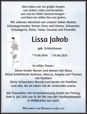 Traueranzeige von Lissa Jakob von Südthüringer Presse