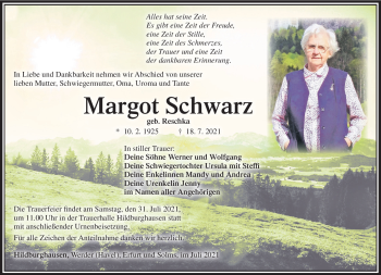 Traueranzeige von Margot Schwarz von Südthüringer Presse
