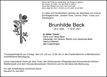 Traueranzeige von Brunhilde Beck von Frankenpost