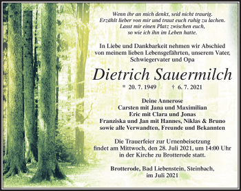 Traueranzeige von Dietrich Sauermilch von Südthüringer Presse