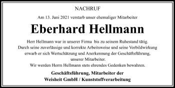 Traueranzeige von Eberhard Hellmann von Südthüringer Presse