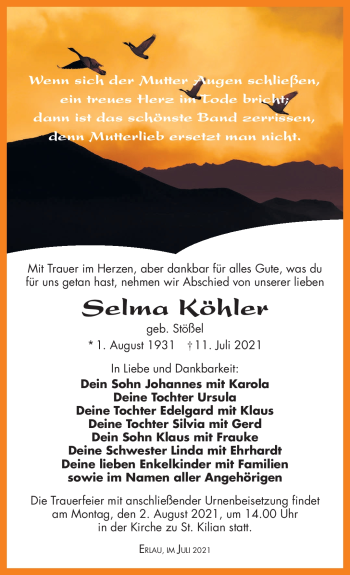 Traueranzeige von Selma Köhler von Südthüringer Presse