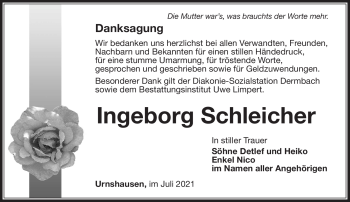 Traueranzeige von Ingeborg Schleicher von Südthüringer Presse