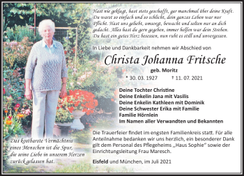 Traueranzeige von Christa Fritsche von Südthüringer Presse