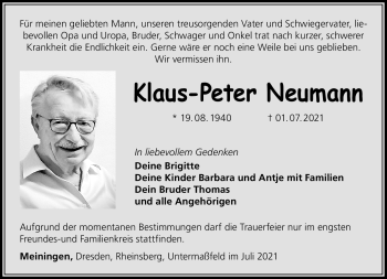 Traueranzeige von Klaus-Peter Neumann von Südthüringer Presse