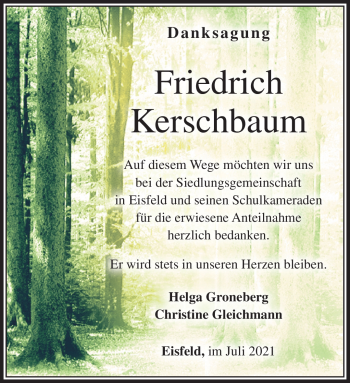 Traueranzeige von Friedrich Kerschbaum von Südthüringer Presse
