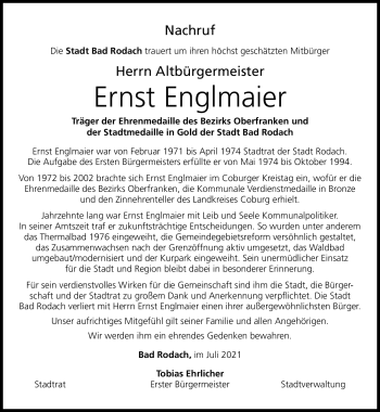 Traueranzeige von Ernst Englmaier von Neue Presse Coburg