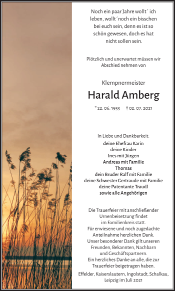 Traueranzeige von Harald Ambreg von Südthüringer Presse