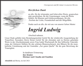 Traueranzeige von Ingrid Ludwig von Südthüringer Presse