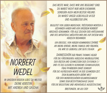 Traueranzeige von Norbert Wedel von Südthüringer Presse
