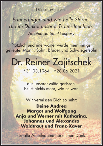 Traueranzeige von Reiner Zajitschek von Frankenpost