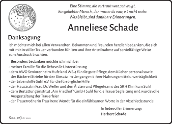 Traueranzeige von Anneliese Schade von Südthüringer Presse