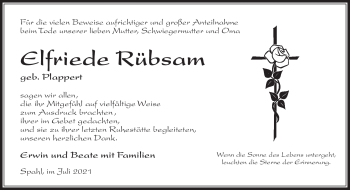 Traueranzeige von Elfriede Rübsam von Südthüringer Presse