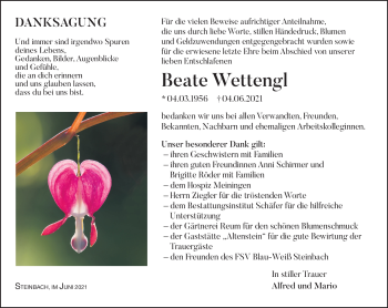 Traueranzeige von Beate Wettengl von Südthüringer Presse