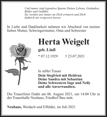 Traueranzeige von Herta Weigelt von Südthüringer Presse