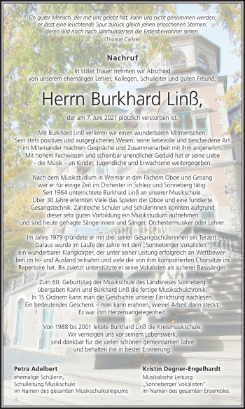 Traueranzeige von Burkhard Linß von Südthüringer Presse