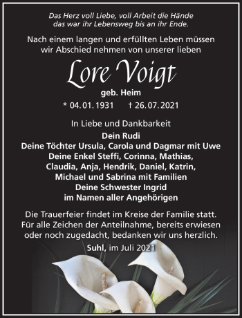 Traueranzeige von Lore Voigt von Südthüringer Presse