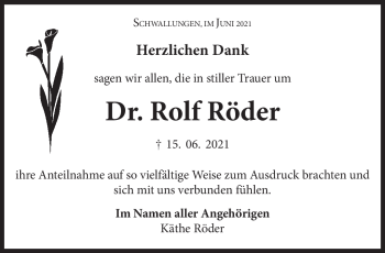 Traueranzeige von Rolf Röder von Südthüringer Presse