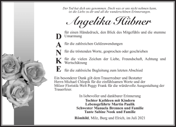 Traueranzeige von Angelika Hübner von Südthüringer Presse