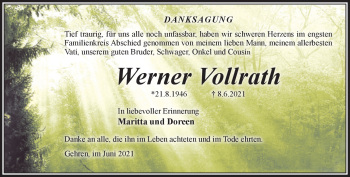 Traueranzeige von Werner Vollrath von Südthüringer Presse
