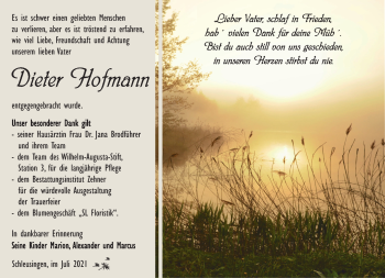 Traueranzeige von Dieter Hofmann von Südthüringer Presse