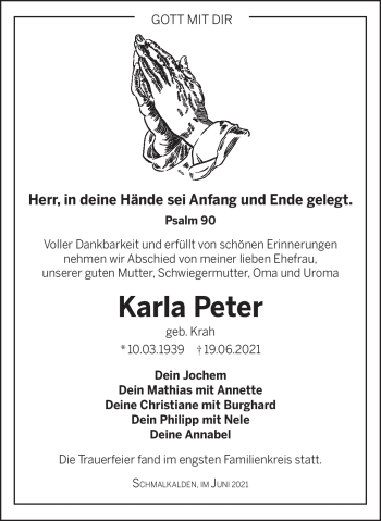 Traueranzeige von Karla Peter von Südthüringer Presse