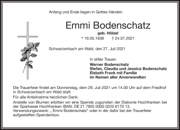 Traueranzeige von Emmi Bodenschatz von Frankenpost