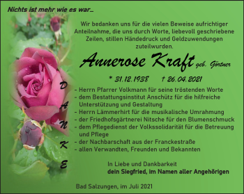 Traueranzeige von Annerose Kraft von Südthüringer Presse