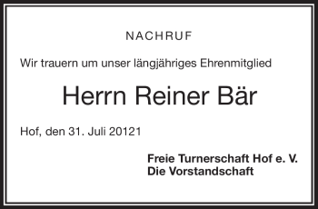Traueranzeige von Reiner Bär von Frankenpost