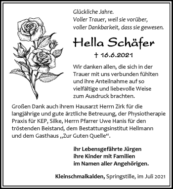 Traueranzeige von Hella Schäfer von Südthüringer Presse