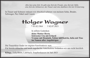 Traueranzeige von Holger Wagner von Südthüringer Presse