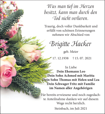 Traueranzeige von Brigitte Hacker von Südthüringer Presse