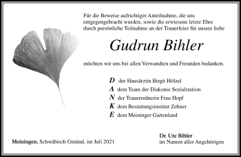 Traueranzeige von Gudrun Bihler von Südthüringer Presse