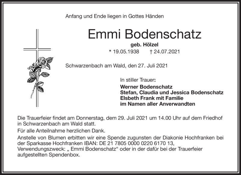  Traueranzeige für Emmi Bodenschatz vom 27.07.2021 aus Frankenpost