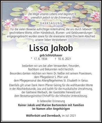 Traueranzeige von Lissa Jakob von Südthüringer Presse