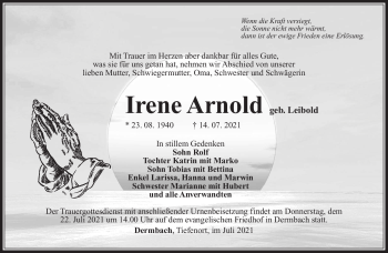 Traueranzeige von Irene Arnold von Südthüringer Presse