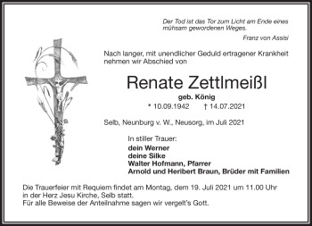 Traueranzeige von Renate Zettlmeißl von Frankenpost