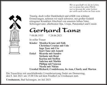 Traueranzeige von Gerhard Tanz von Südthüringer Presse