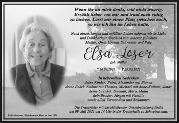 Traueranzeige von Elsa Löser von Südthüringer Presse