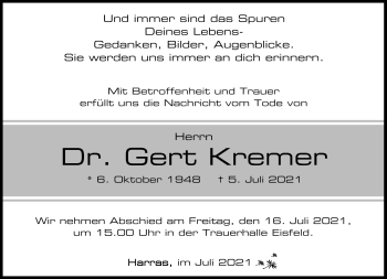 Traueranzeige von Gert Kremer von Südthüringer Presse