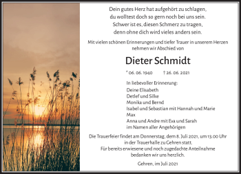 Traueranzeige von Dieter Schmidt von Südthüringer Presse