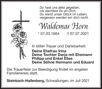 Traueranzeige von Waldemar Horn von Südthüringer Presse