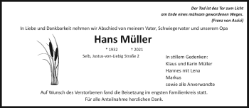 Traueranzeige von Hans Müller von Frankenpost