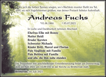 Traueranzeige von Andreas Fuchs von Südthüringer Presse