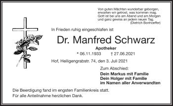 Traueranzeige von Manfred Schwarz von Frankenpost