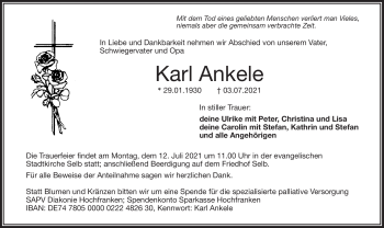 Traueranzeige von Karl Ankele von Frankenpost