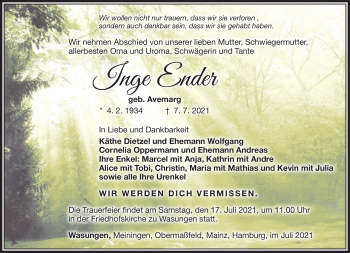 Traueranzeige von Inge Ender von Südthüringer Presse