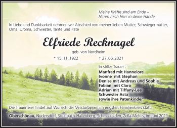 Traueranzeige von Elfriede Recknagel von Südthüringer Presse