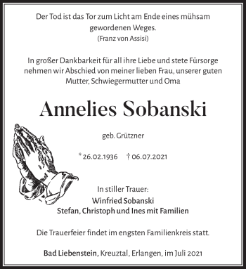 Traueranzeige von Annelies Sobanski von Südthüringer Presse